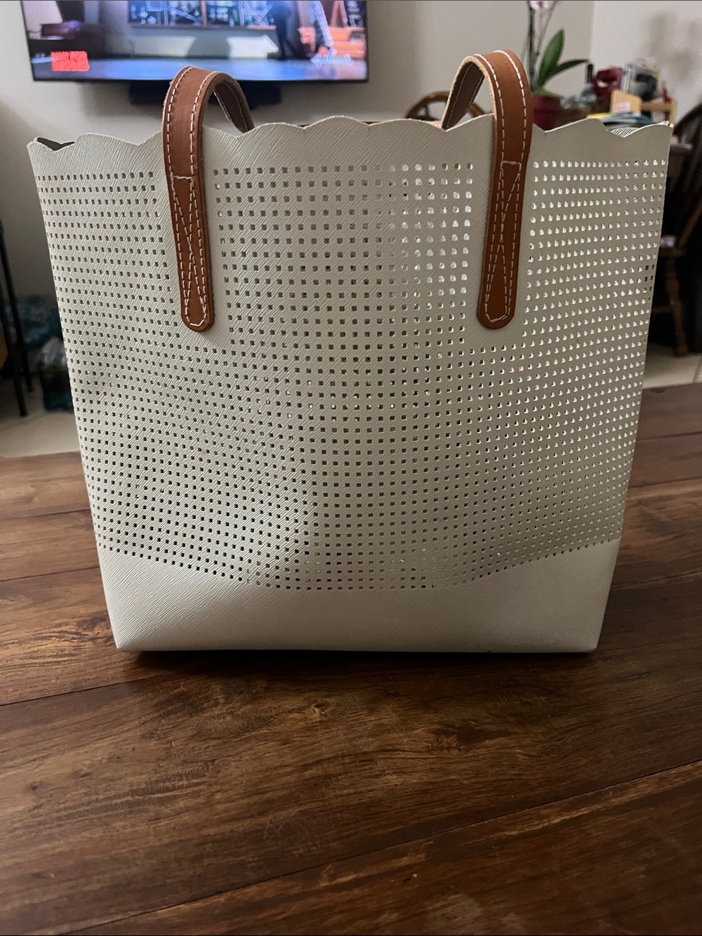 Neiman Marcus Women’s Cream Perforated Tote with Brown Handles